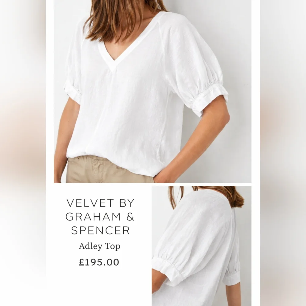 100 Linen VELVET White Top Adley Large Puff Sleeves V neck Graham Spencer - Picture 2 of 9